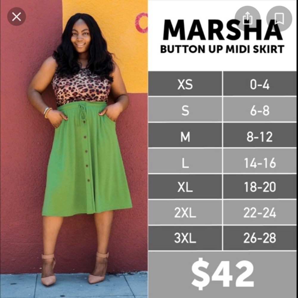 LuLaRoe L Marsha Green Button Up Midi Skirt w/ Side Pockets and Adjustable Waist
